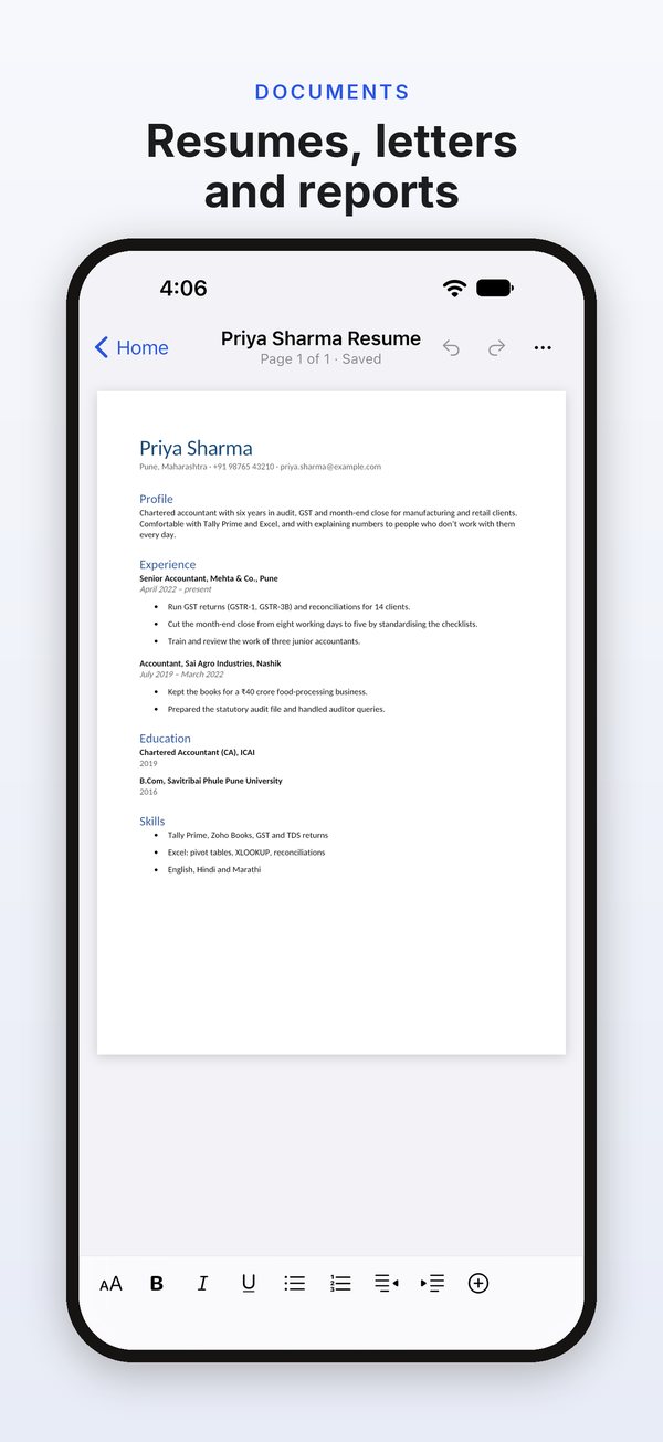 A resume open as real pages