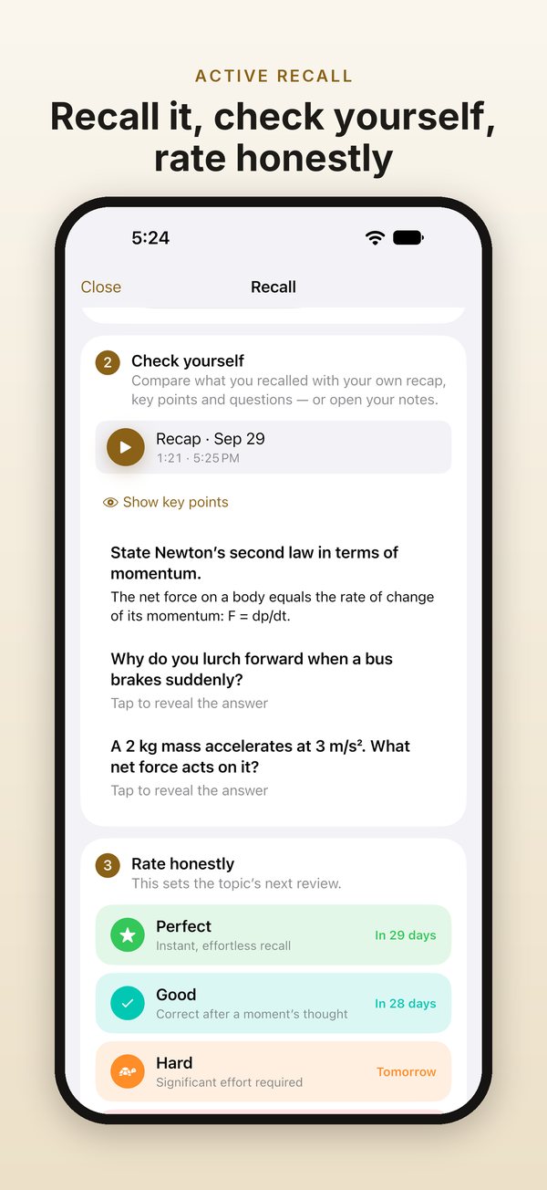 Recall: check yourself against key points and questions, then rate