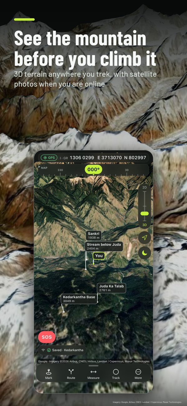 The Har Ki Dun valley in 3D with satellite imagery, and the app screen
