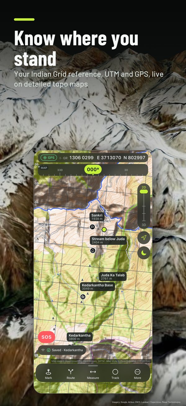 Topographic map with Indian Grid lines and a live grid reference