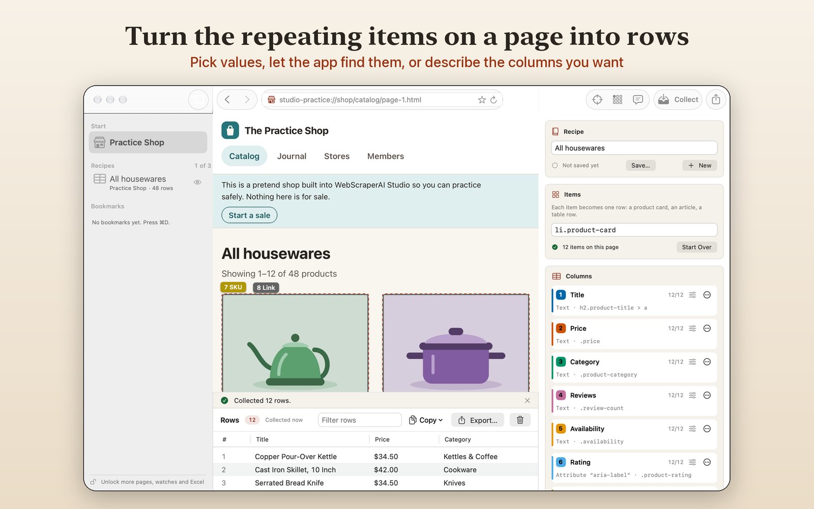 The app with the Practice Shop catalog open, eight numbered columns in the inspector and twelve collected rows in the table.