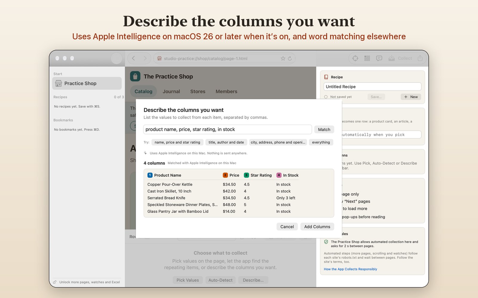 The Describe Columns sheet matching “product name, price, star rating, in stock” to four columns with Apple Intelligence.