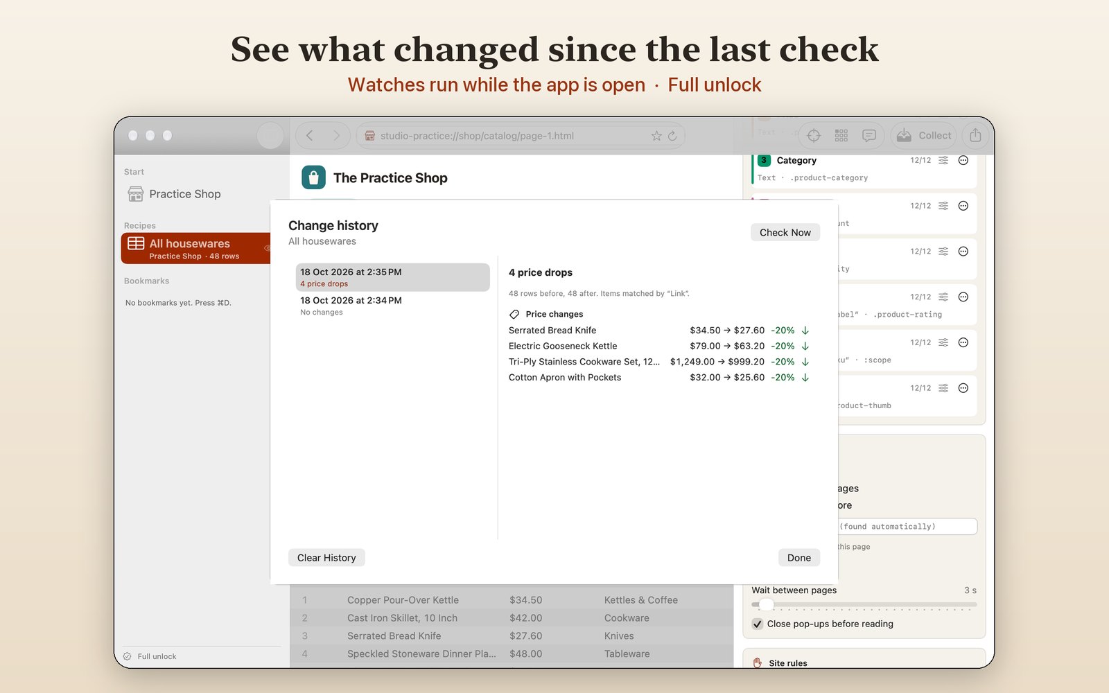 Change history listing four price drops, each with old and new price and a 20 percent drop.