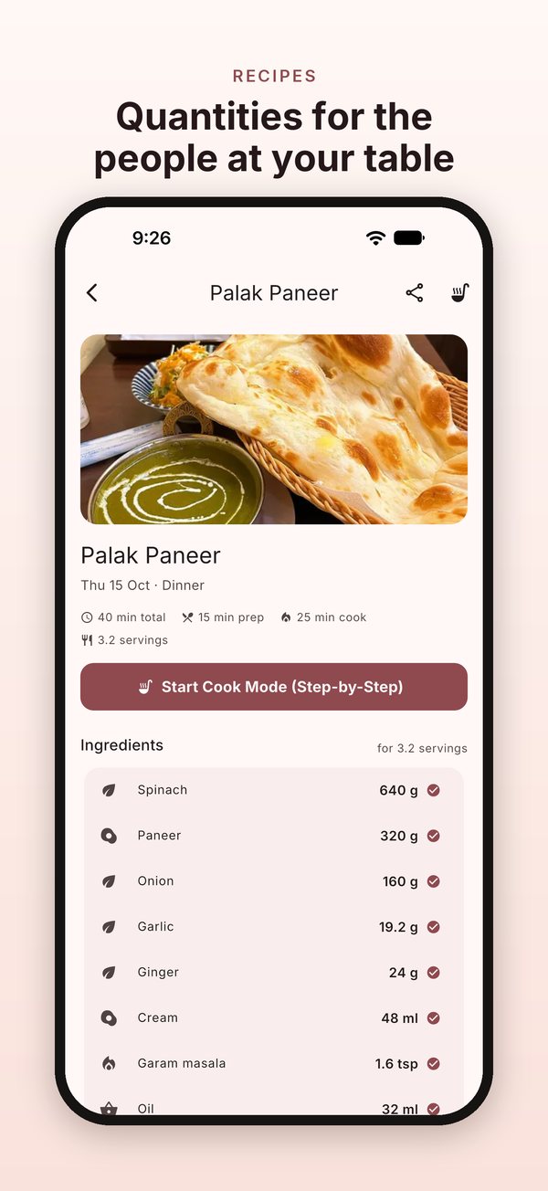 Palak Paneer: times, servings and ingredients for 3.2 servings