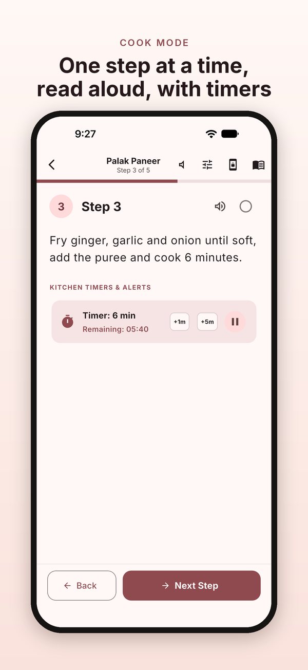 Cook Mode: step 3 of 5 with a 6-minute timer running